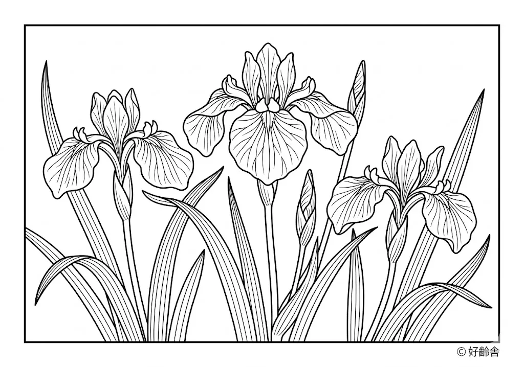 高齢者向け無料塗り絵：初夏を彩る凛とした美しさを持つあやめ（中級・A4印刷用）