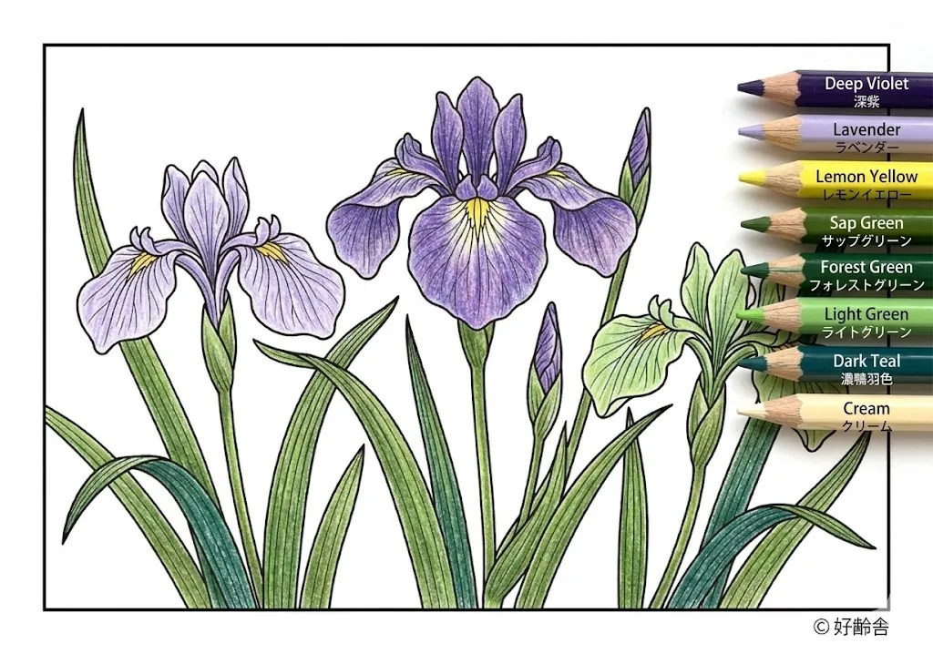あやめの塗り絵 完成見本（彩色の見本）