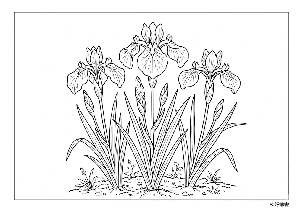 高齢者向け無料塗り絵：初夏を彩る凛とした美しさを持つあやめ（上級・A4印刷用）