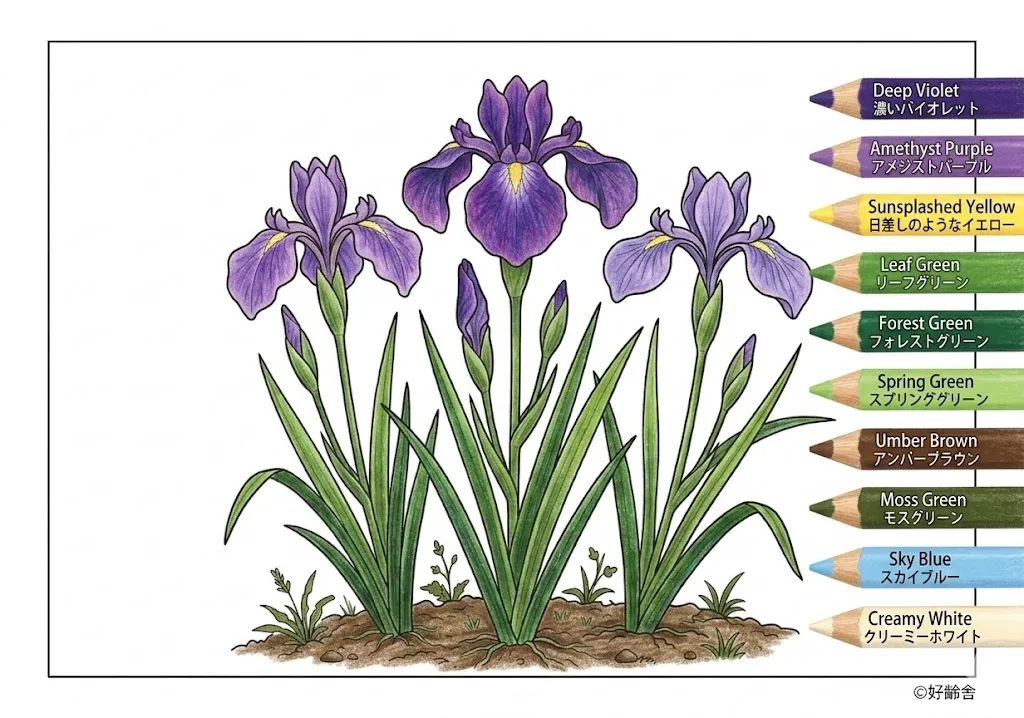 あやめの塗り絵 完成見本（彩色的見本）
