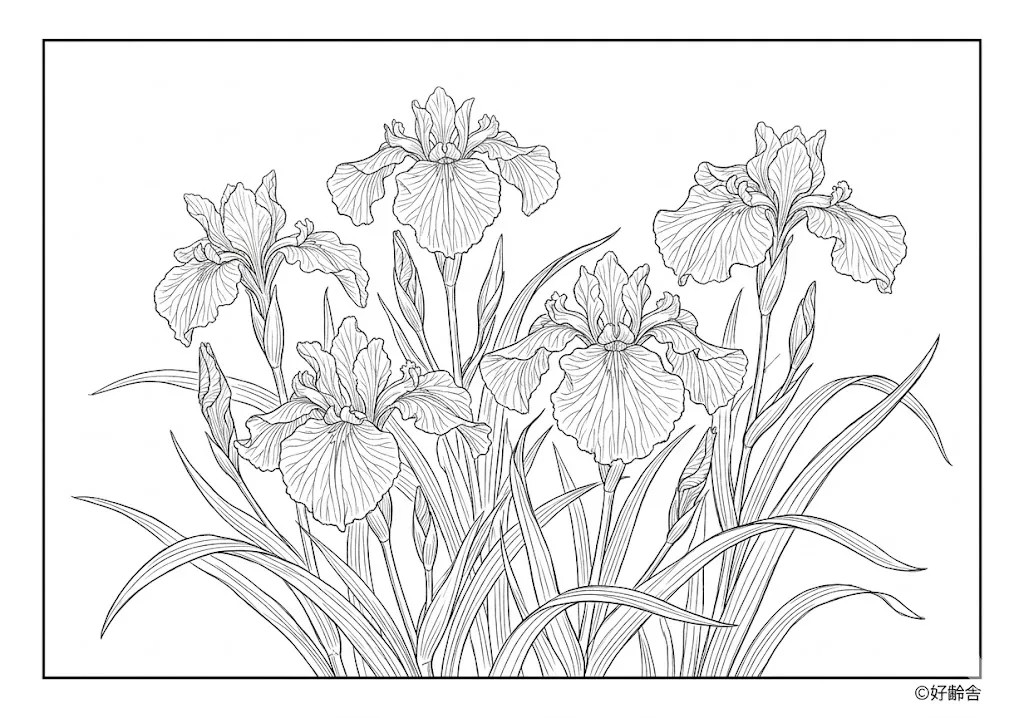 高齢者向け無料塗り絵：初夏を彩る凛とした美しさを持つあやめ（芸術家・A4印刷用）