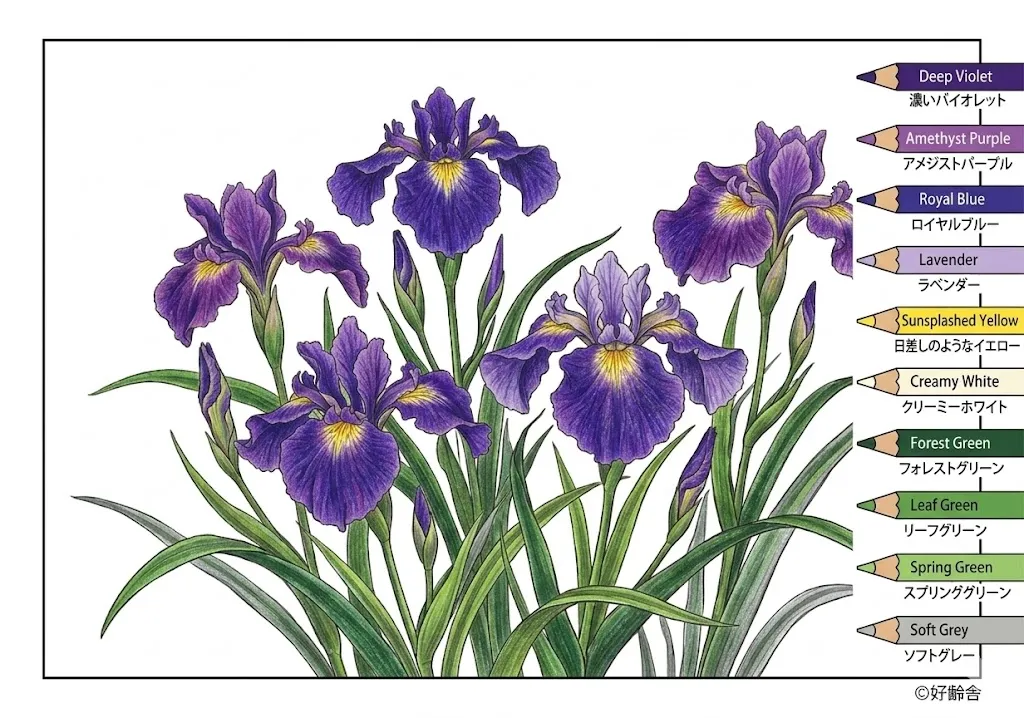 あやめの塗り絵 完成見本（彩色の見本）