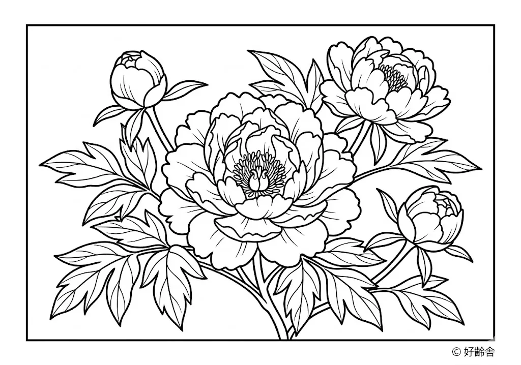 高齢者向け無料塗り絵：百花の王・豪華絢爛な牡丹（中級・A4印刷用）