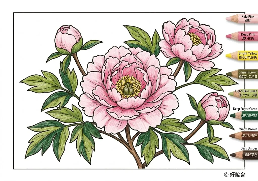 牡丹の塗り絵 完成見本（彩色の見本）