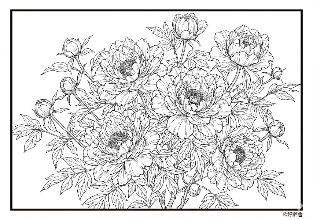 高齢者向け無料塗り絵：百花の王・豪華絢爛な牡丹（上級・A4印刷用）
