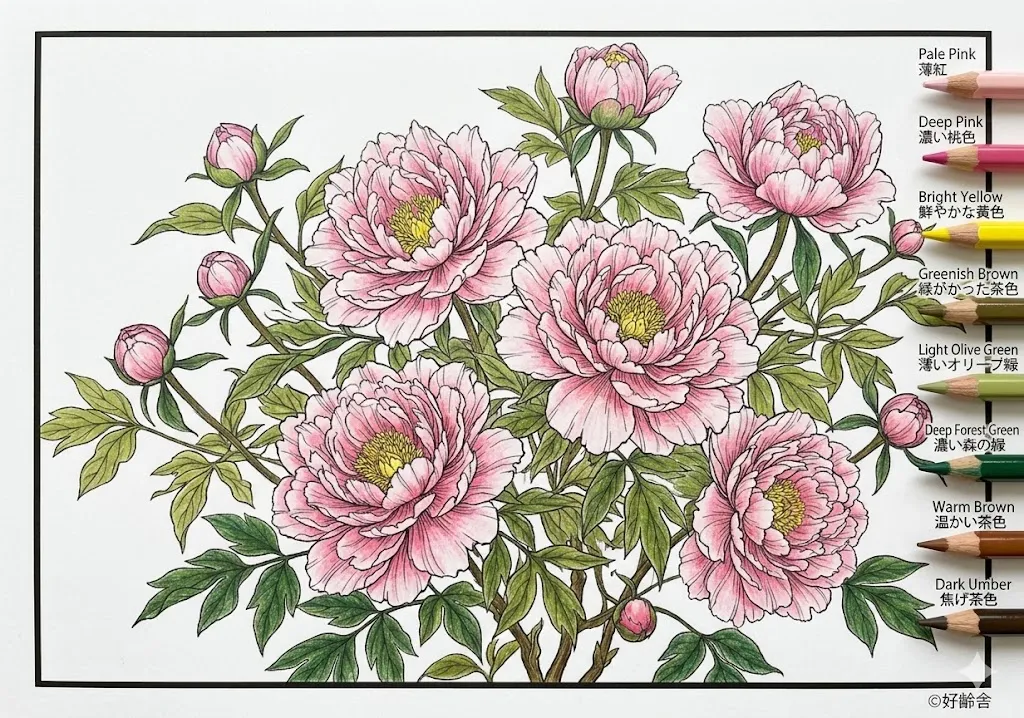 牡丹の塗り絵 完成見本（彩色的見本）
