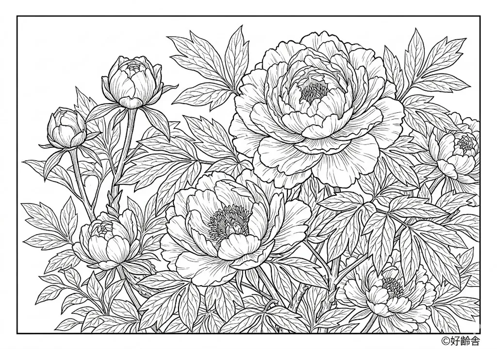 高齢者向け無料塗り絵：百花の王・豪華絢爛な牡丹（芸術家・A4印刷用）