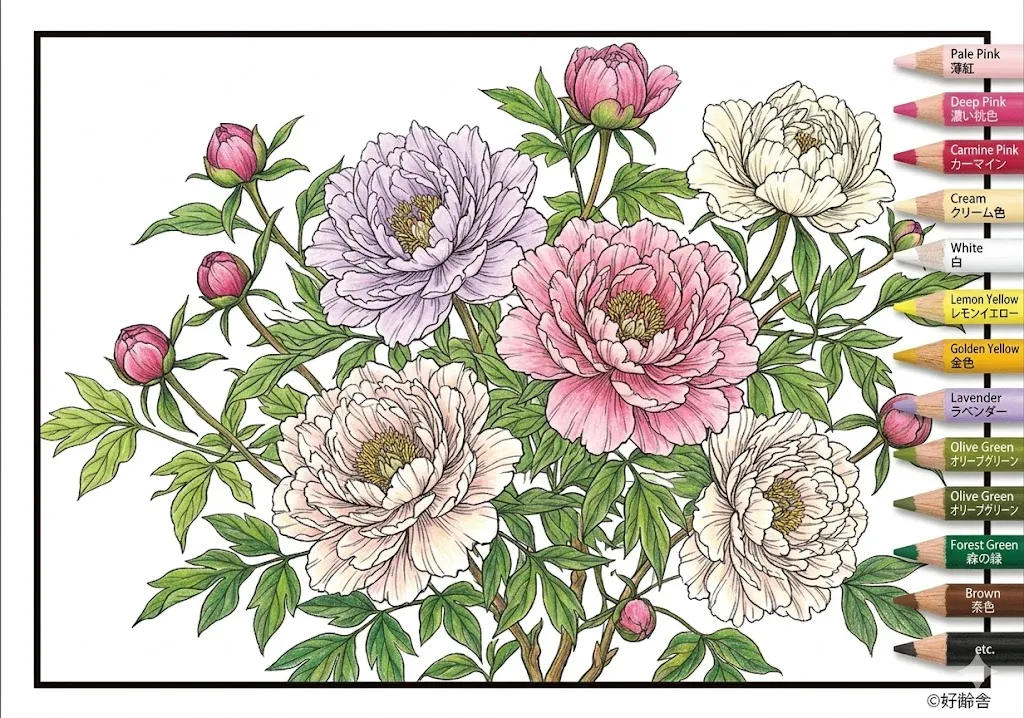 牡丹の塗り絵 完成見本（彩色的見本）