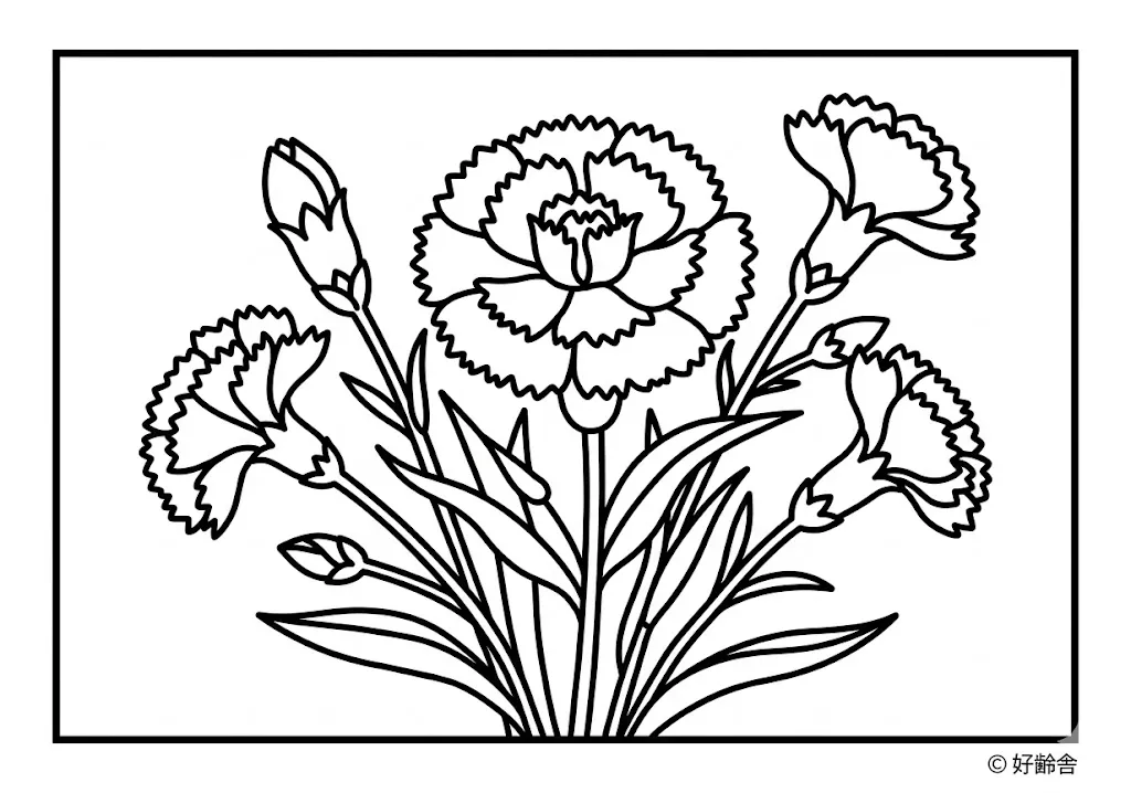 高齢者向け無料塗り絵：母の日でおなじみの華やかなカーネーション（初級・A4印刷用）