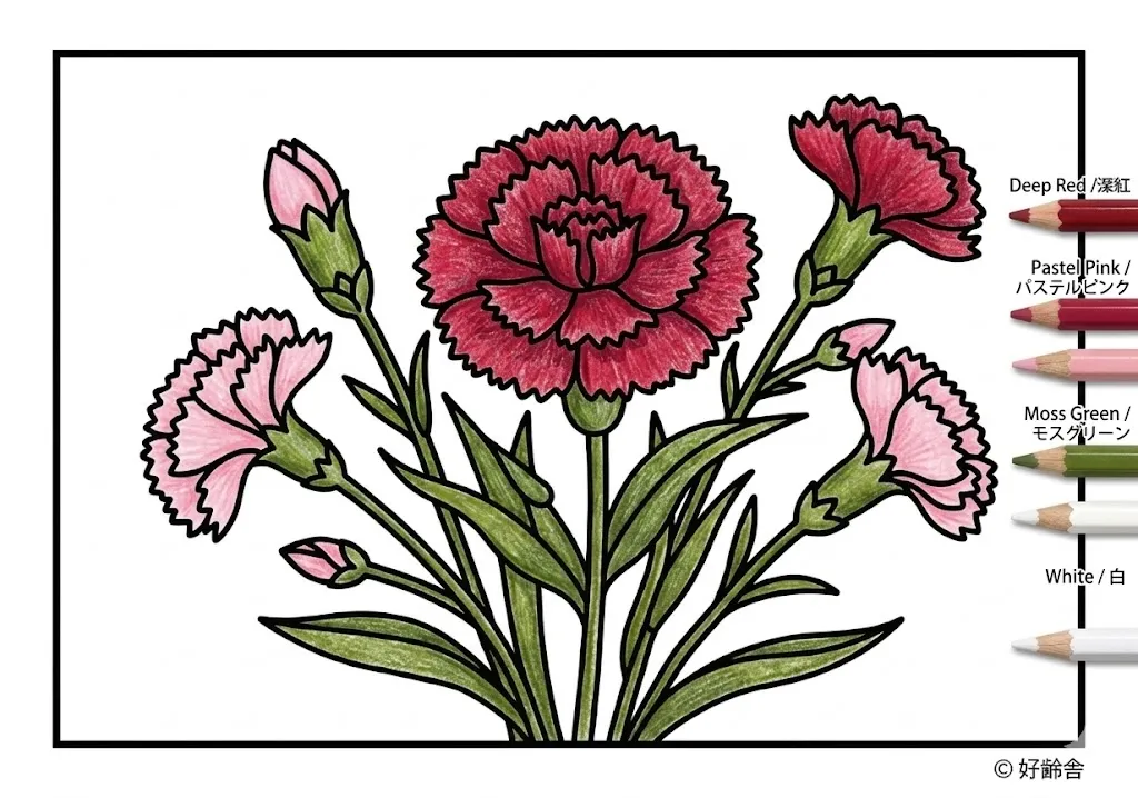 カーネーションの塗り絵 完成見本（彩色の見本）