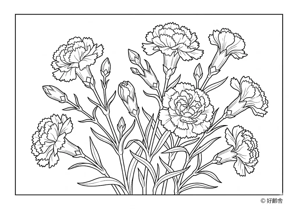 高齢者向け無料塗り絵：母の日でおなじみの華やかなカーネーション（中級・A4印刷用）