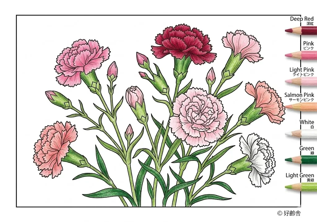 カーネーションの塗り絵 完成見本（彩色の見本）