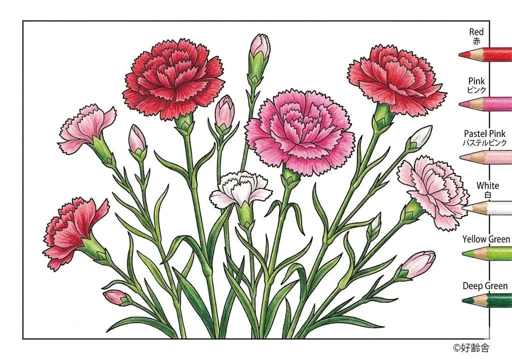 カーネーションの塗り絵 完成見本（彩色の見本）