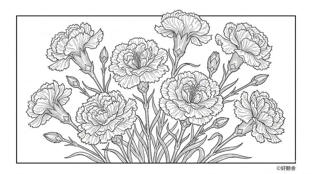 高齢者向け無料塗り絵：母の日でおなじみの華やかなカーネーション（芸術家・A4印刷用）
