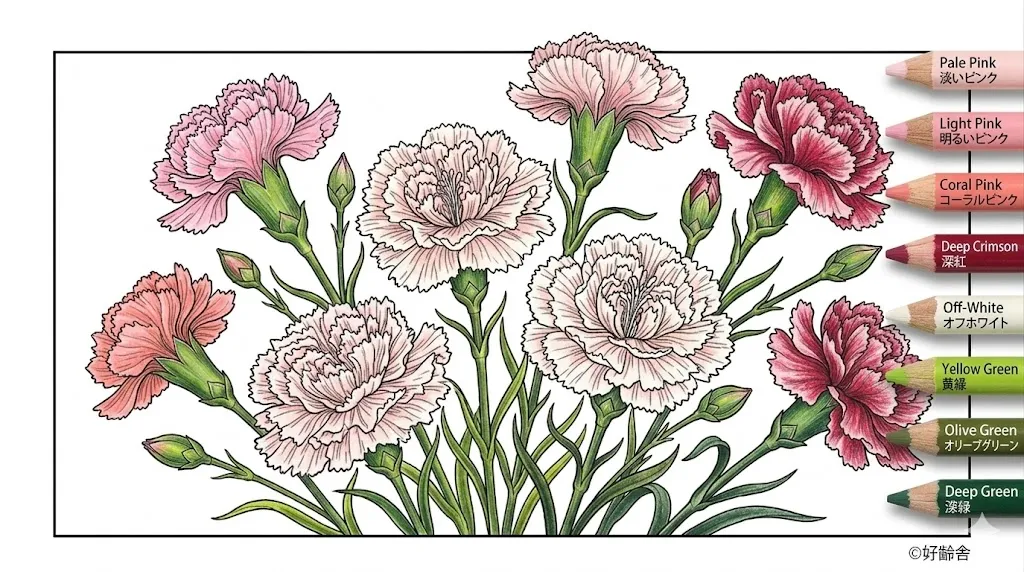 カーネーションの塗り絵 完成見本（彩色の見本）