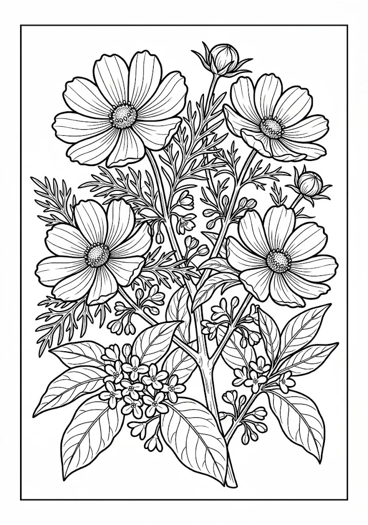 高齢者向け無料塗り絵：コスモス（A4印刷用・脳トレ介護レク）