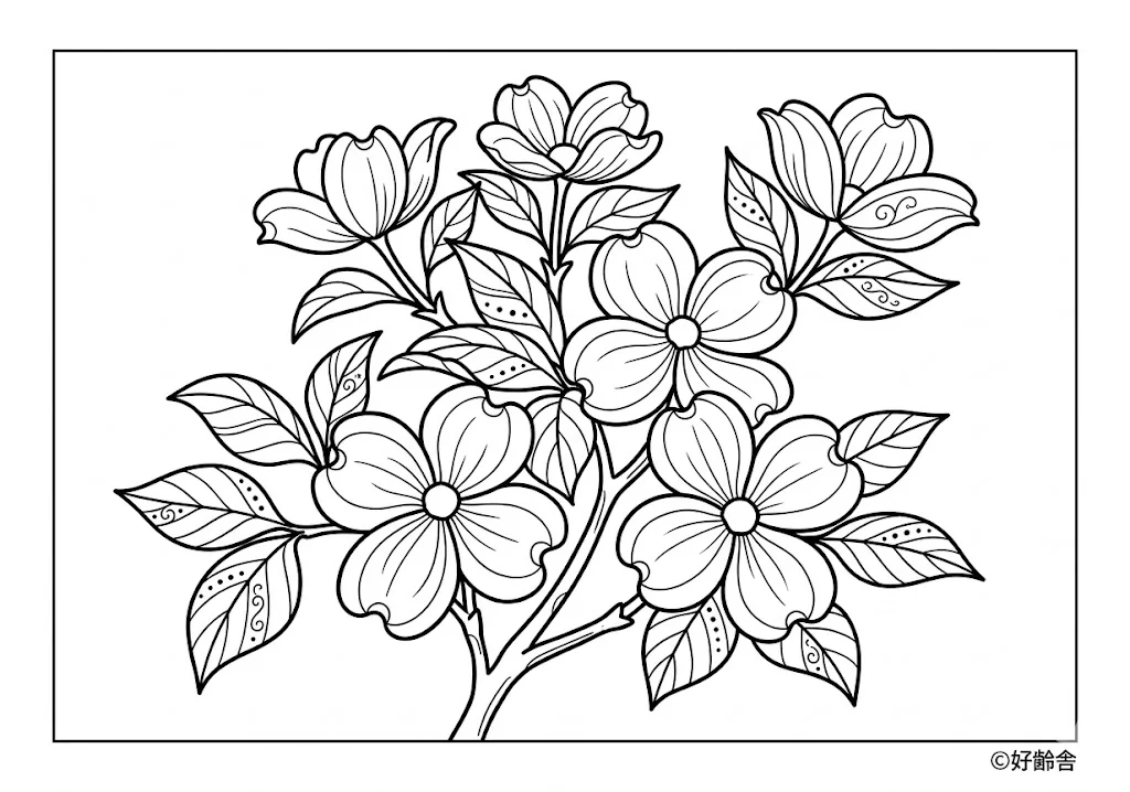 高齢者向け無料塗り絵：ハナミズキ（中級）