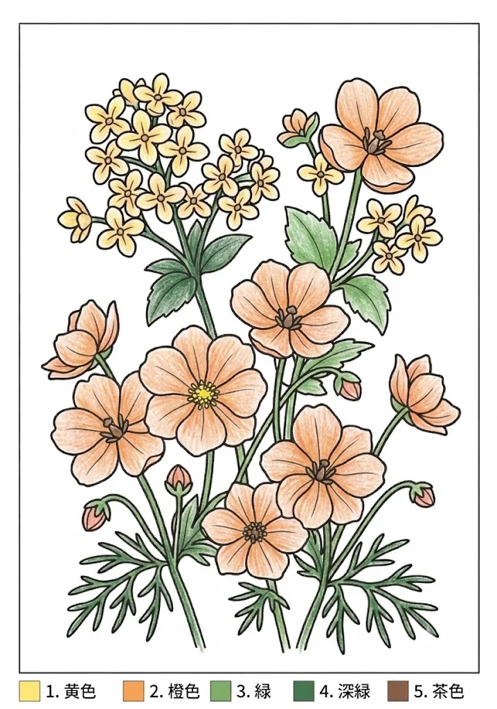 キンモクセイの塗り絵 完成見本（カラーサンプル・高齢者レク用）