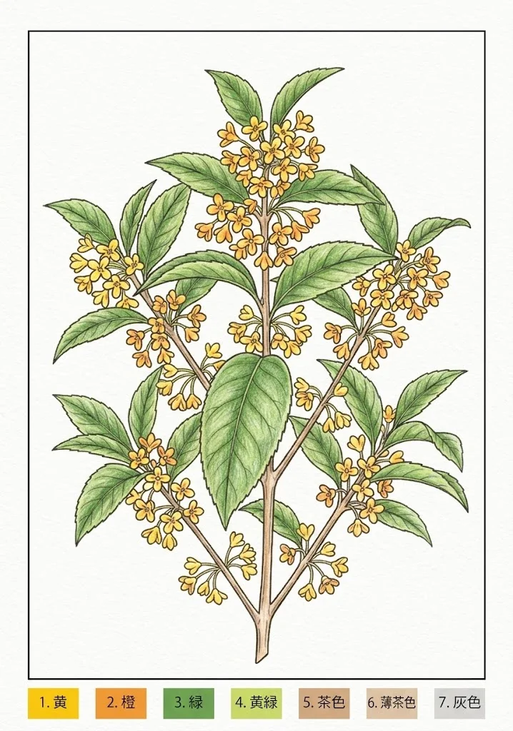 キンモクセイの塗り絵 完成見本（カラーサンプル・高齢者レク用）