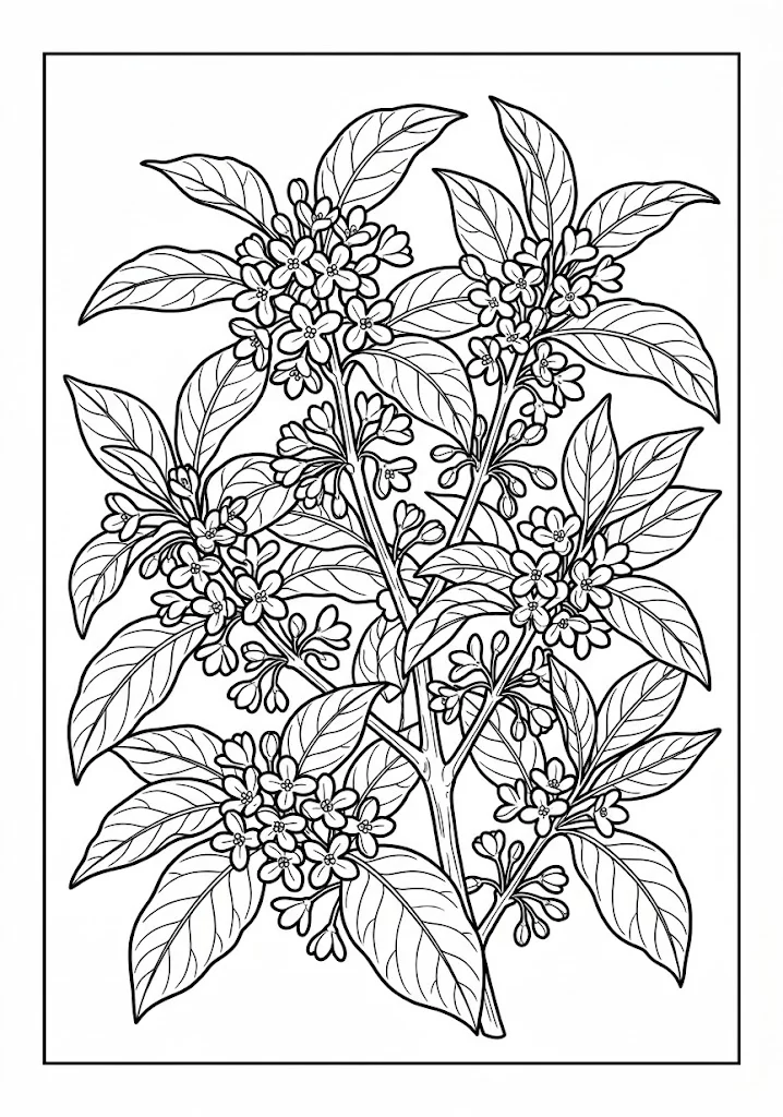 高齢者向け無料塗り絵：キンモクセイ（A4印刷用・脳トレ介護レク）