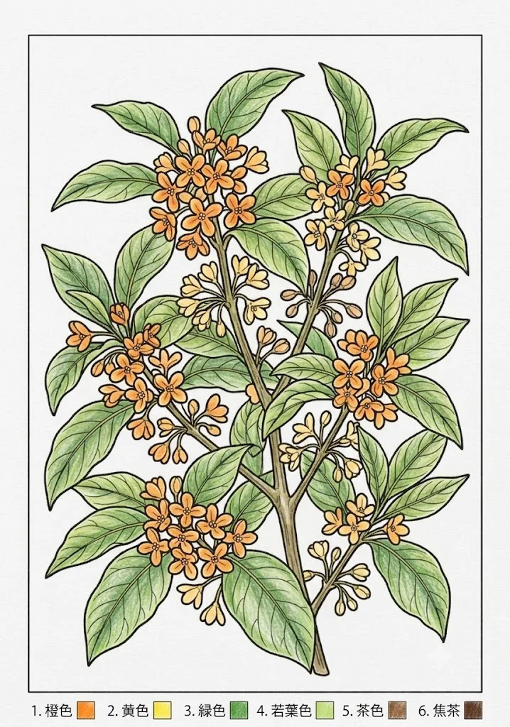キンモクセイの塗り絵 完成見本（カラーサンプル・高齢者レク用）