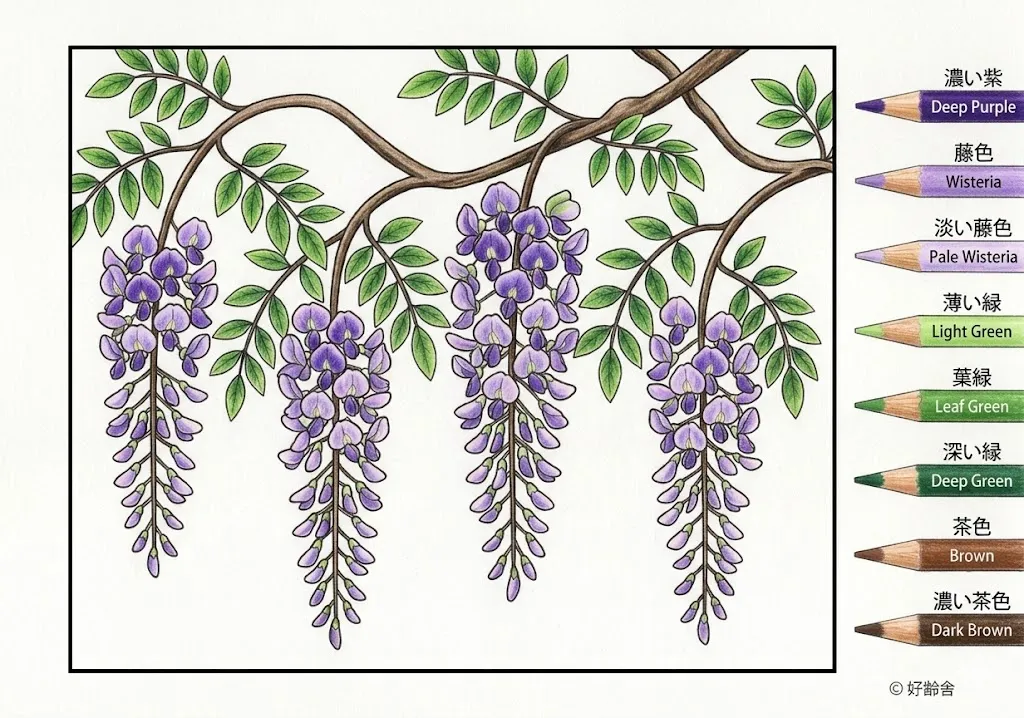 藤の花の塗り絵 完成見本（彩的な見本）