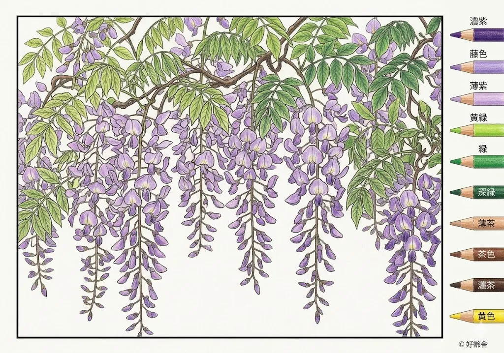 藤の花の塗り絵 完成見本（彩的な見本）