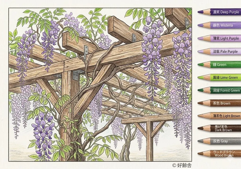 藤の花の塗り絵 完成見本（彩的な見本）