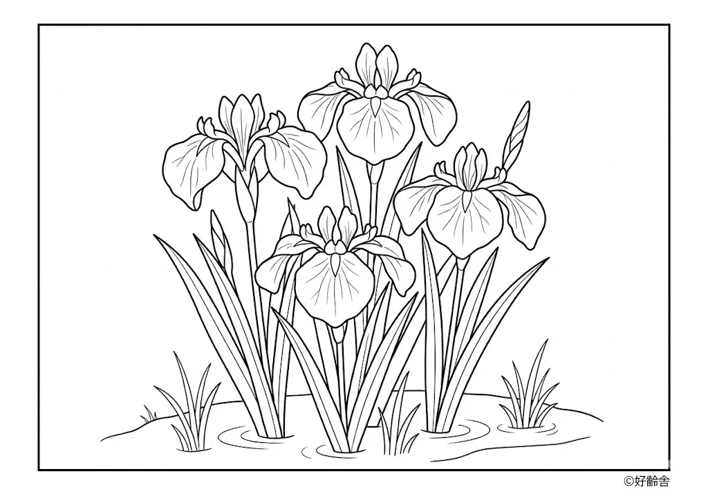 高齢者向け無料塗り絵：初夏を彩る美しいハナショウブ（中級・A4印刷用）