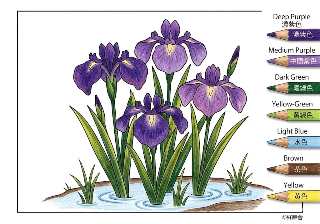 ハナショウブの塗り絵 完成見本（彩色の見本）