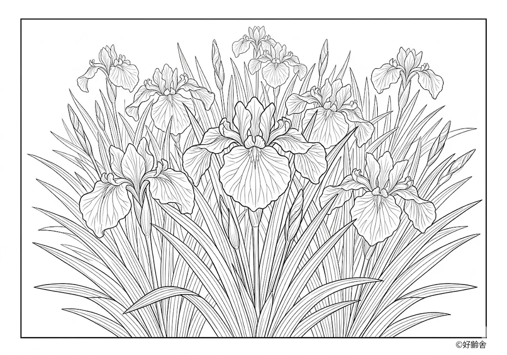 高齢者向け無料塗り絵：初夏を彩る美しいハナショウブ（上級・A4印刷用）