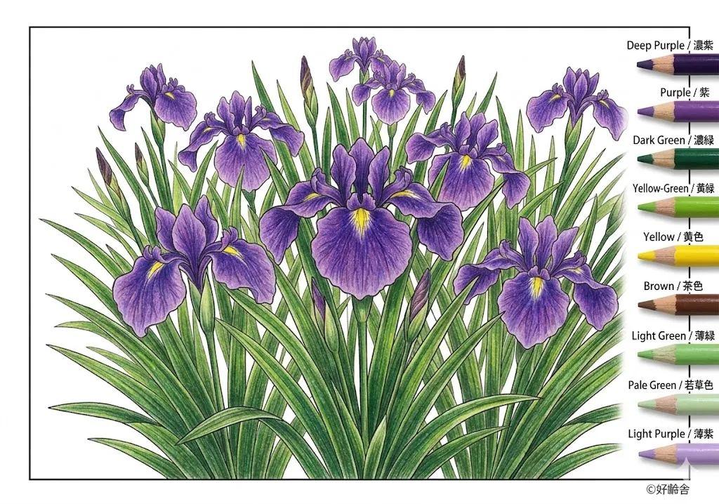 ハナショウブの塗り絵 完成見本（彩色の見本）