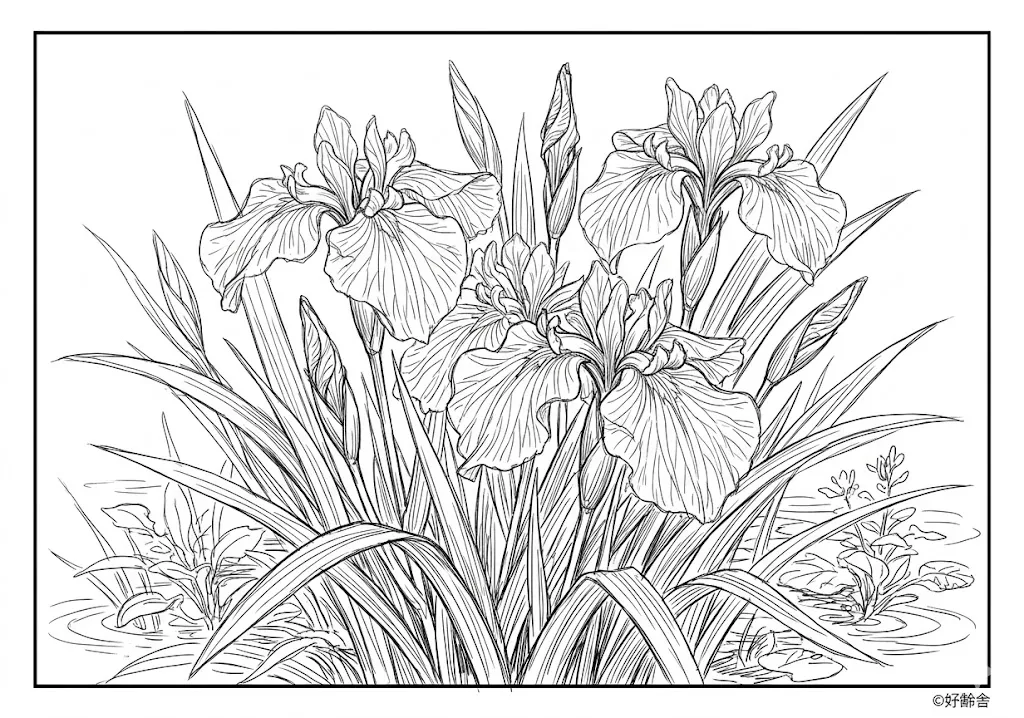 高齢者向け無料塗り絵：初夏を彩る美しいハナショウブ（芸術家・A4印刷用）