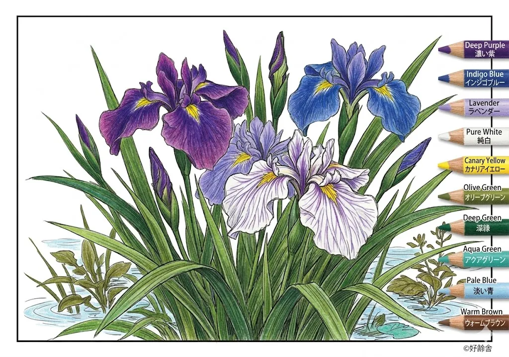 ハナショウブの塗り絵 完成見本（彩色の見本）