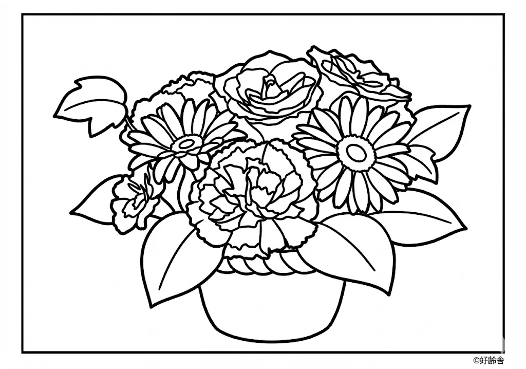 高齢者向け無料塗り絵：伝統文化・美しく生けられた生花（初級・A4印刷用）