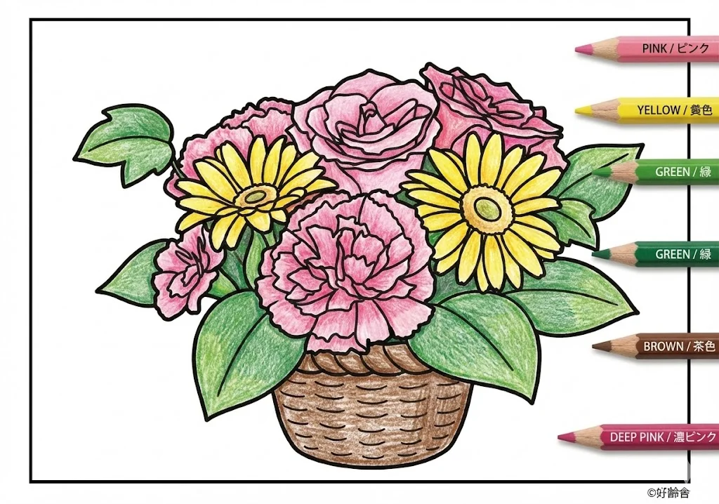 生花の塗り絵 完成見本（彩的な見本）