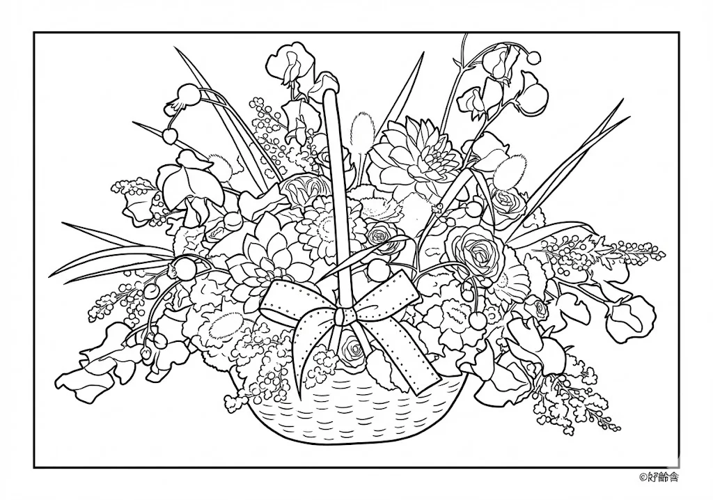 高齢者向け無料塗り絵：伝統文化・美しく生けられた生花（中級・A4印刷用）
