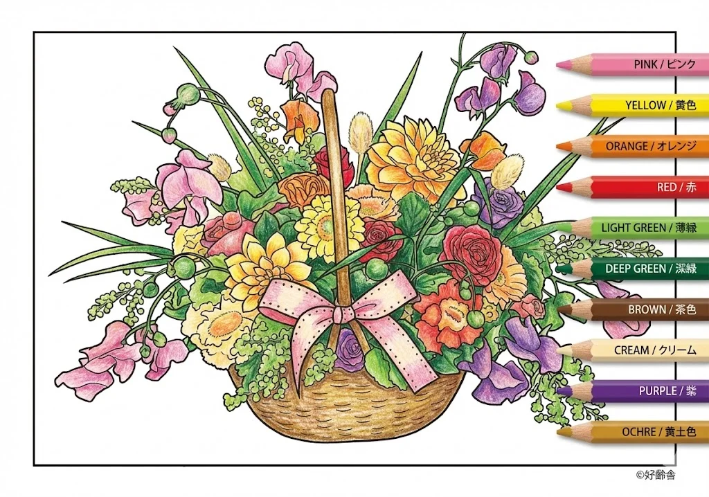 生花の塗り絵 完成見本（彩的な見本）