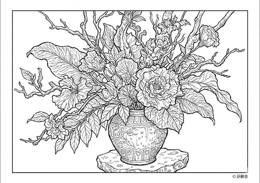 高齢者向け無料塗り絵：伝統文化・美しく生けられた生花（芸術家・A4印刷用）