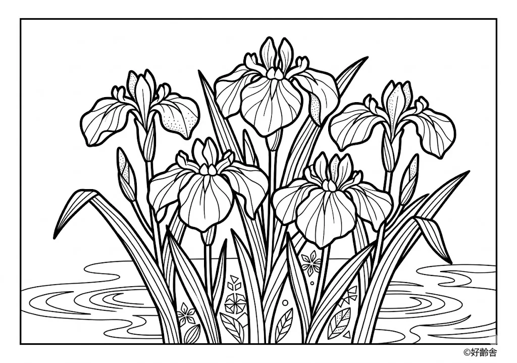 高齢者向け無料塗り絵：カキツバタ（中級）