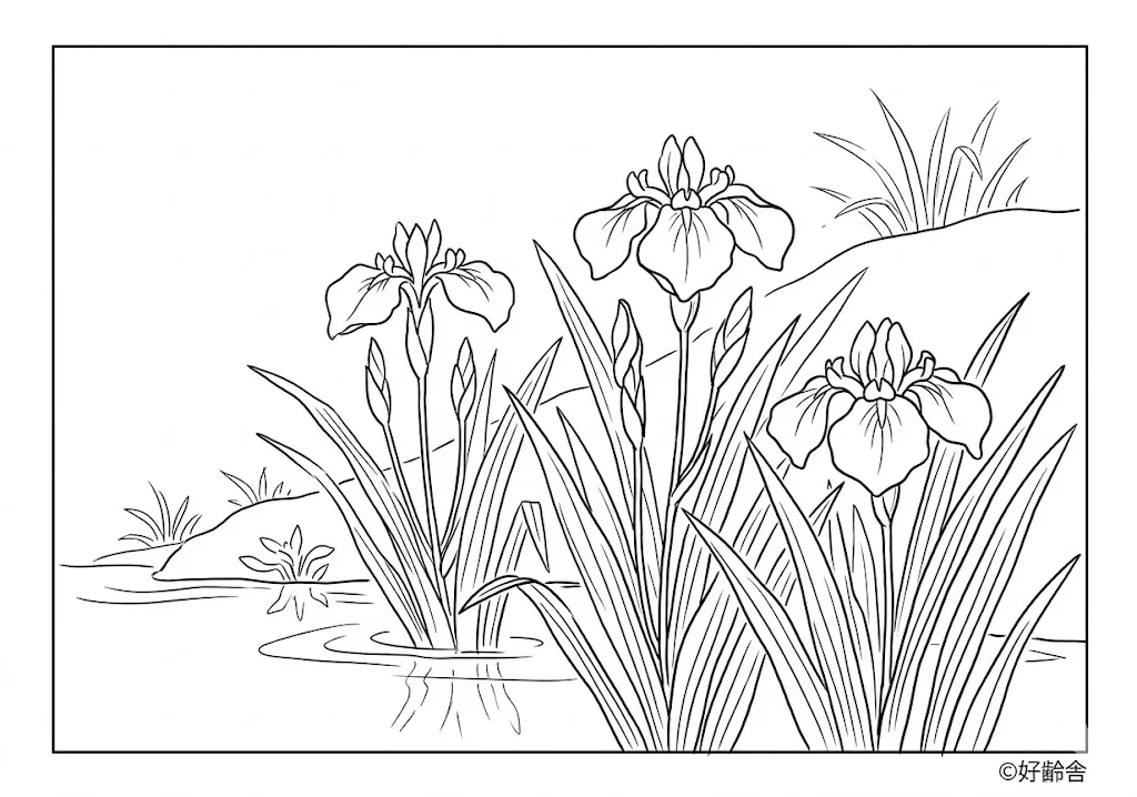 高齢者向け無料塗り絵：カキツバタ（上級）
