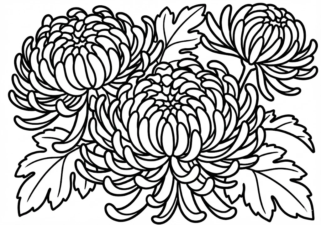 高齢者向け無料塗り絵：日本の秋を代表する気高く美しい菊の花（初級・A4印刷用）