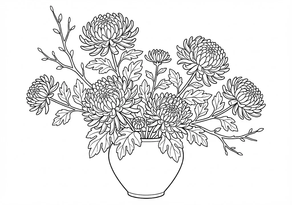 高齢者向け無料塗り絵：日本の秋を代表する気高く美しい菊の花（中級・A4印刷用）