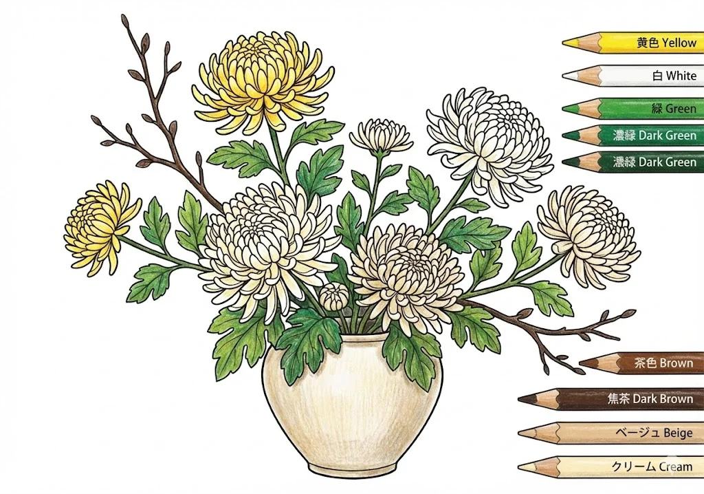 菊の塗り絵 完成見本（彩的な見本）