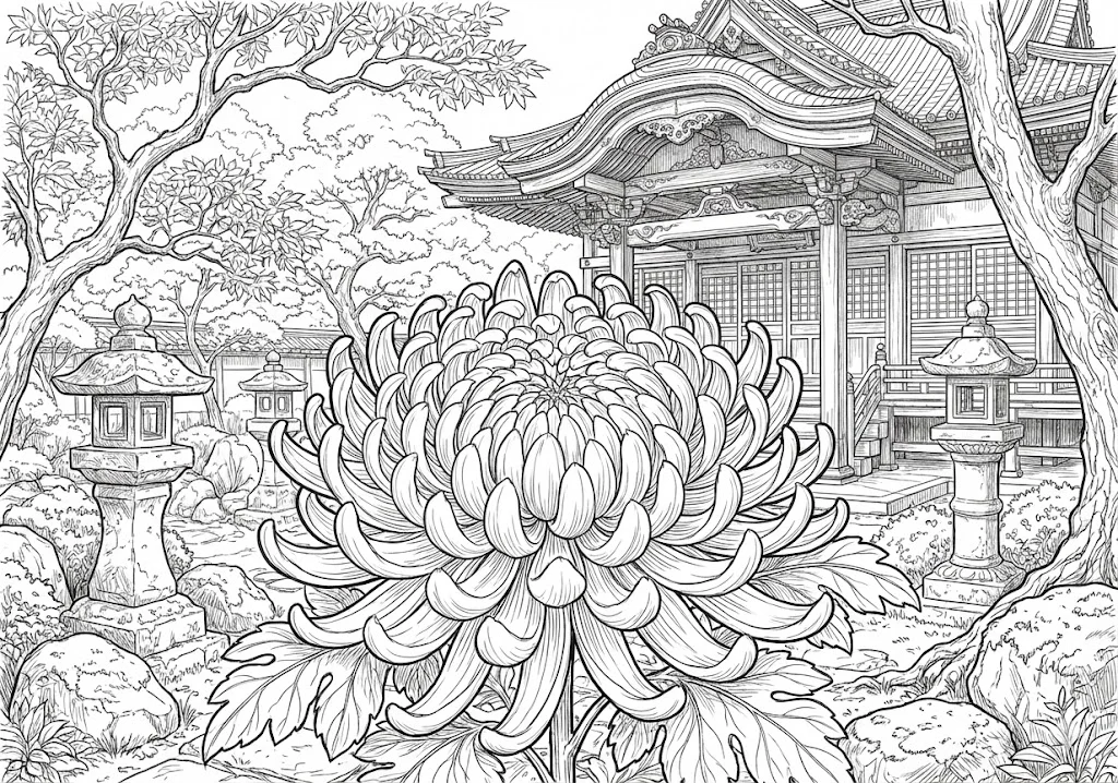 高齢者向け無料塗り絵：日本の秋を代表する気高く美しい菊の花（上級・A4印刷用）