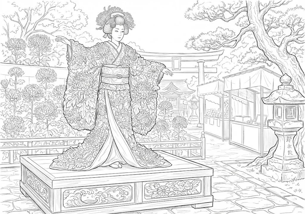 高齢者向け無料塗り絵：日本の秋を代表する気高く美しい菊の花（芸術家・A4印刷用）