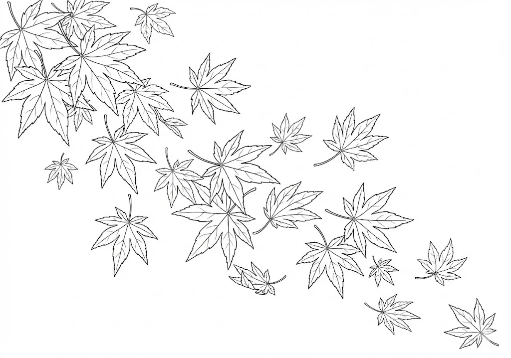 高齢者向け無料塗り絵：秋の山々を赤く染め上げる色鮮やかな紅葉（中級・A4印刷用）