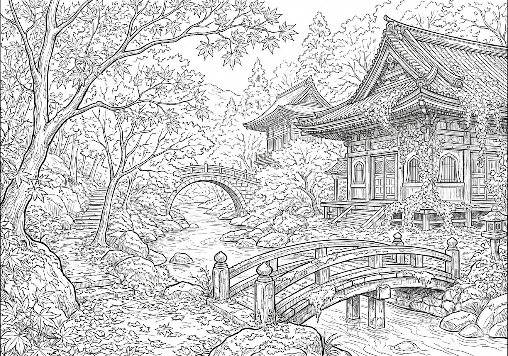 高齢者向け無料塗り絵：秋の山々を赤く染め上げる色鮮やかな紅葉（上級・A4印刷用）