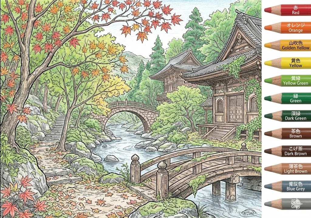 紅葉の塗り絵 完成見本（彩的な見本）