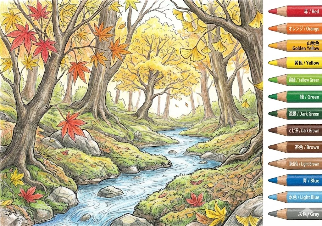 紅葉の塗り絵 完成見本（彩的な見本）